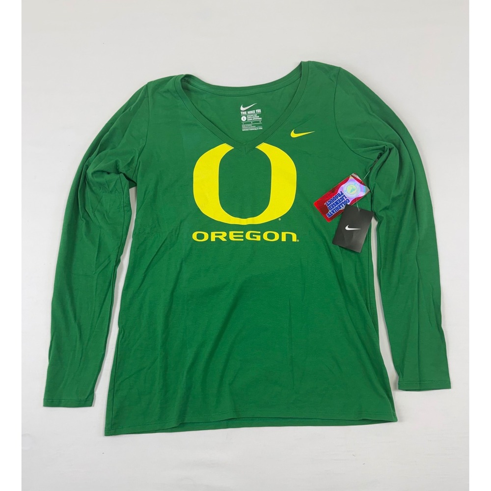 NWT Nike Oregon Ducks Womens Long Sleeve V-Neck Tee Apple Green L 31376X-OD1